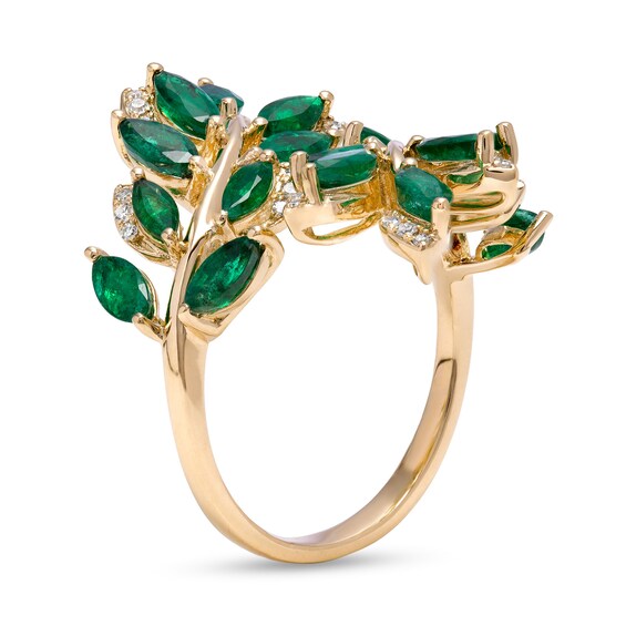 EFFY™ Collection Marquise-Cut Emerald and 0.13 CT. T.W. Diamond Leaf Vine Bypass Wrap Ring in 14K Gold