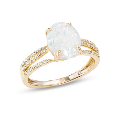 Oval Lab-Created Opal and 0.145 CT. T.W. Diamond Triple Row Split Shank Ring in 10K Gold