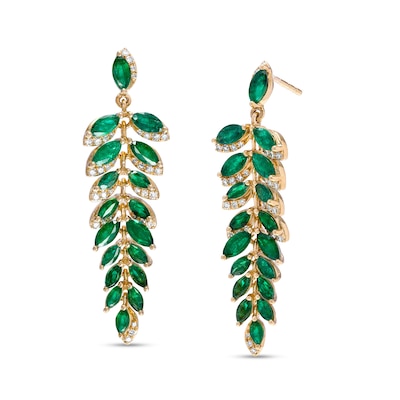 EFFY™ Collection Marquise-Cut Emerald and 0.26 CT. T.W. Diamond Graduated Leaf Vine Linear Drop Earrings in 14K Gold