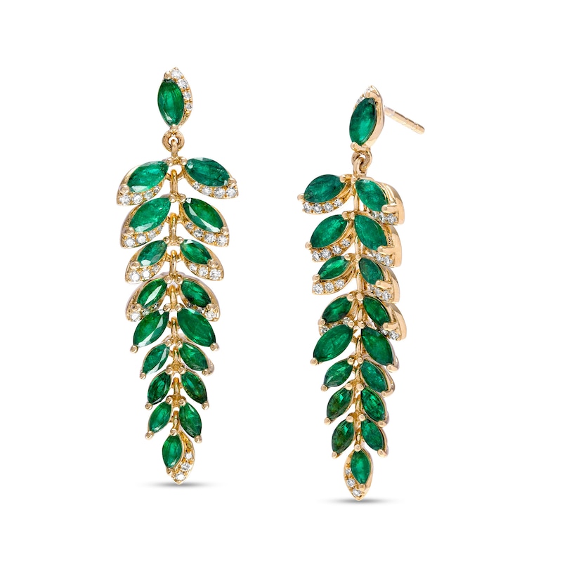 EFFY™ Collection Marquise-Cut Emerald and 0.26 CT. T.W. Diamond Graduated Leaf Vine Linear Drop Earrings in 14K Gold|Peoples Jewellers