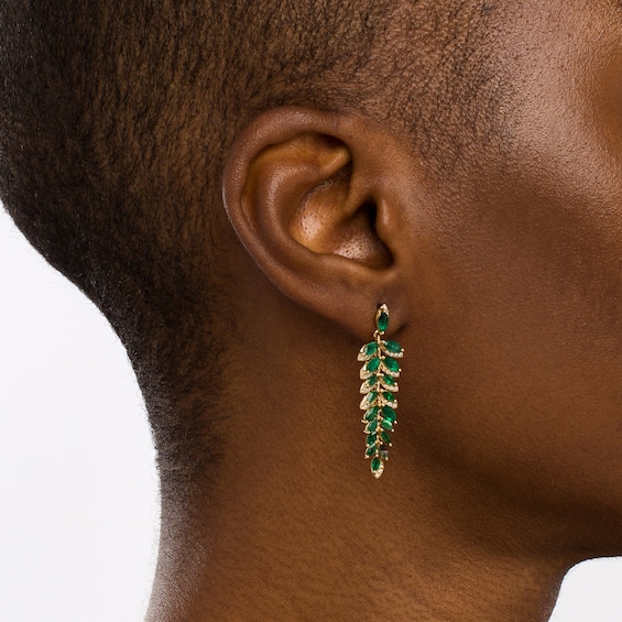 EFFY™ Collection Marquise-Cut Emerald and 0.26 CT. T.W. Diamond Graduated Leaf Vine Linear Drop Earrings in 14K Gold