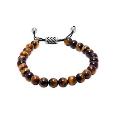 Men's 8.0mm Brown Quartz Bead Tribal Pattern Bolo Bracelet in Stainless Steel and Black Ion-Plate – 10.5"