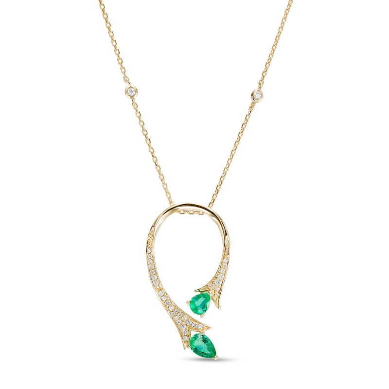 Pear-Shaped Emerald and 0.14 CT. T.W. Diamond Floral Loop Station Pendant in 10K Gold|Peoples Jewellers