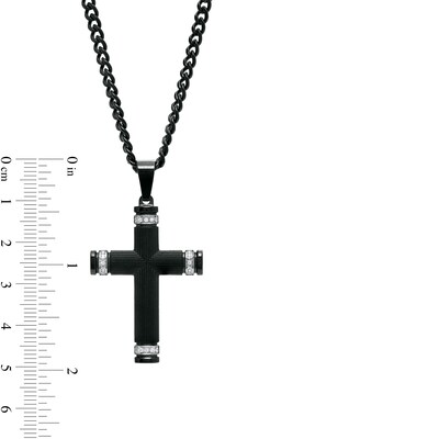 Men's 0.088 CT. T.W. Diamond Round Barrel-Ends Textured Cross Pendant in Stainless Steel and Black Ion-Plate – 24"