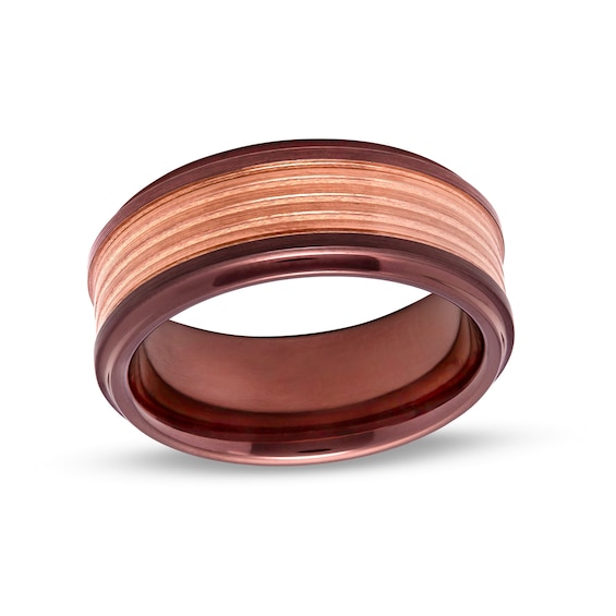 Men's 9.0mm Grooved Wedding Band in Tantalum with Brown and Rose Ion-Plate – Size 10