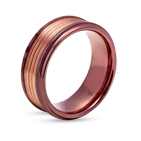 Men's 9.0mm Grooved Wedding Band in Tantalum with Brown and Rose Ion-Plate – Size 10