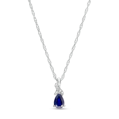 Pear-Shaped Blue Sapphire and Diamond Accent Swirl Ribbon Teardrop Pendant in 10K White Gold