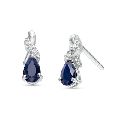 Pear-Shaped Blue Sapphire and Diamond Accent Swirl Ribbon Stud Earrings in 10K White Gold