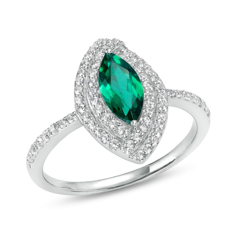 Marquise Lab-Created Emerald and White Lab-Created Sapphire Bypass Double Frame Ring in Sterling Silver|Peoples Jewellers