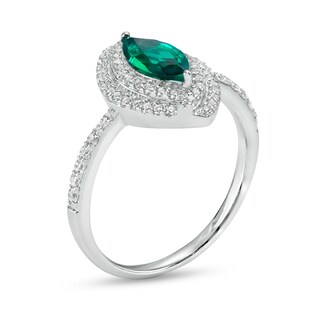 Marquise Lab-Created Emerald and White Lab-Created Sapphire Bypass Double Frame Ring in Sterling Silver