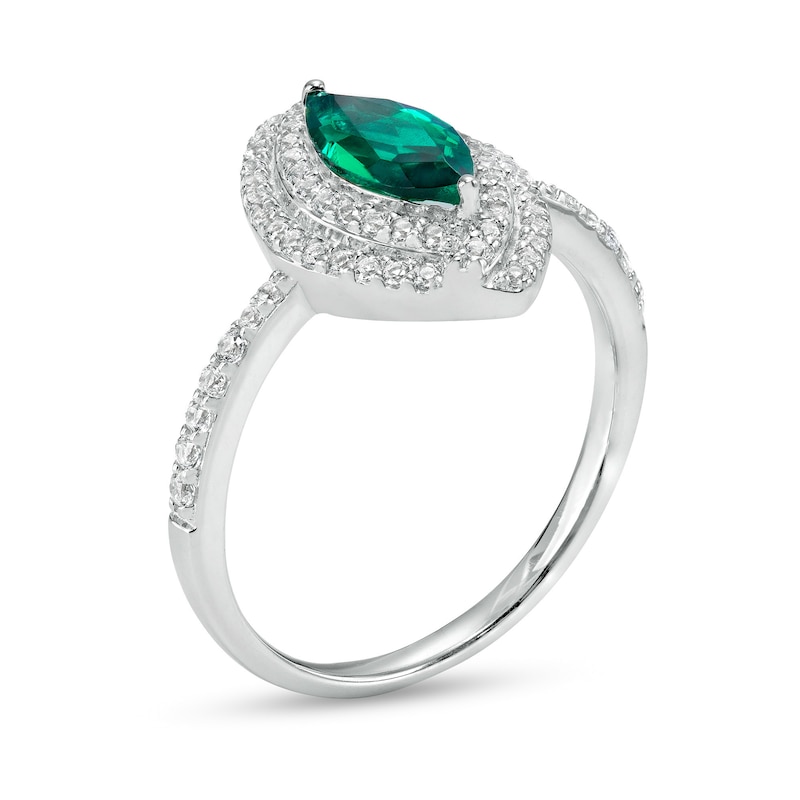 Marquise Lab-Created Emerald and White Lab-Created Sapphire Bypass Double Frame Ring in Sterling Silver|Peoples Jewellers