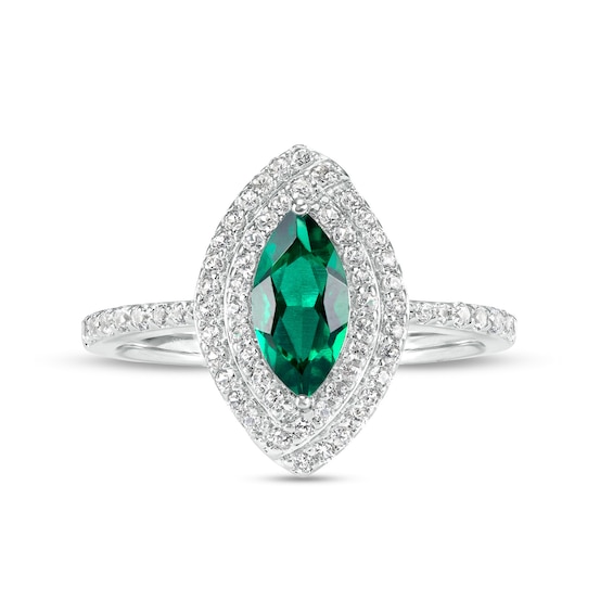 Marquise Lab-Created Emerald and White Lab-Created Sapphire Bypass Double Frame Ring in Sterling Silver