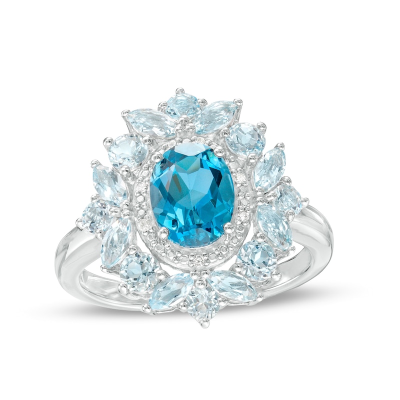 Oval London and Sky Blue Topaz with Diamond Accent Petal Frame Flower Ring in Sterling Silver|Peoples Jewellers
