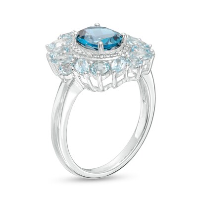 Oval London and Sky Blue Topaz with Diamond Accent Petal Frame Flower Ring in Sterling Silver