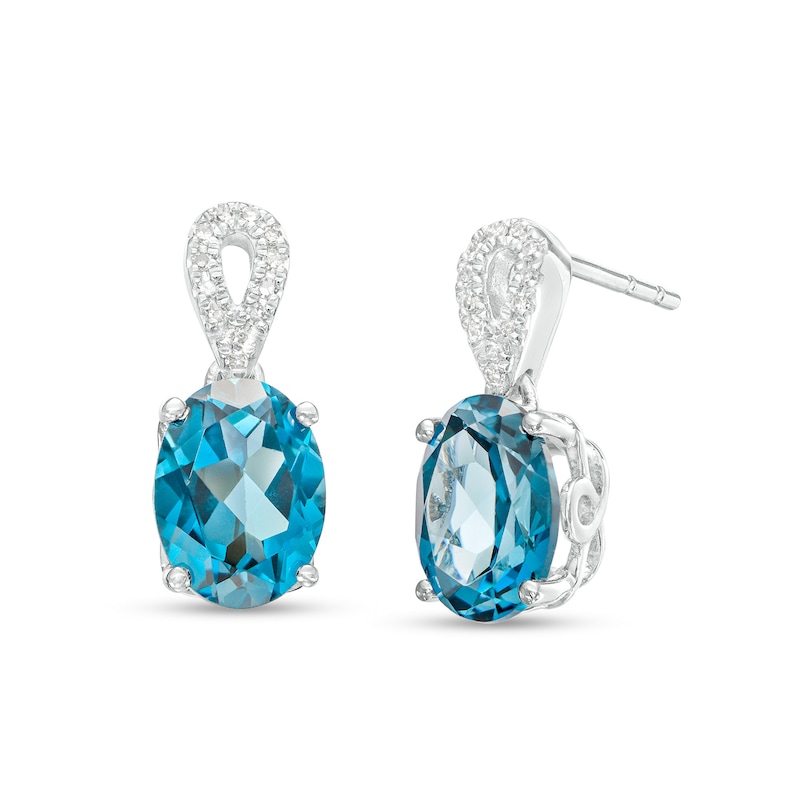 Oval London Blue Topaz and Diamond Accent Ribbon Loop Drop Earrings in 10K White Gold|Peoples Jewellers