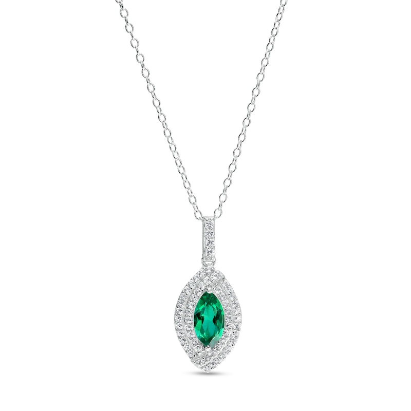 Marquise Lab-Created Emerald and White Lab-Created Sapphire Bypass Double Frame Drop Pendant in Sterling Silver - 20"|Peoples Jewellers