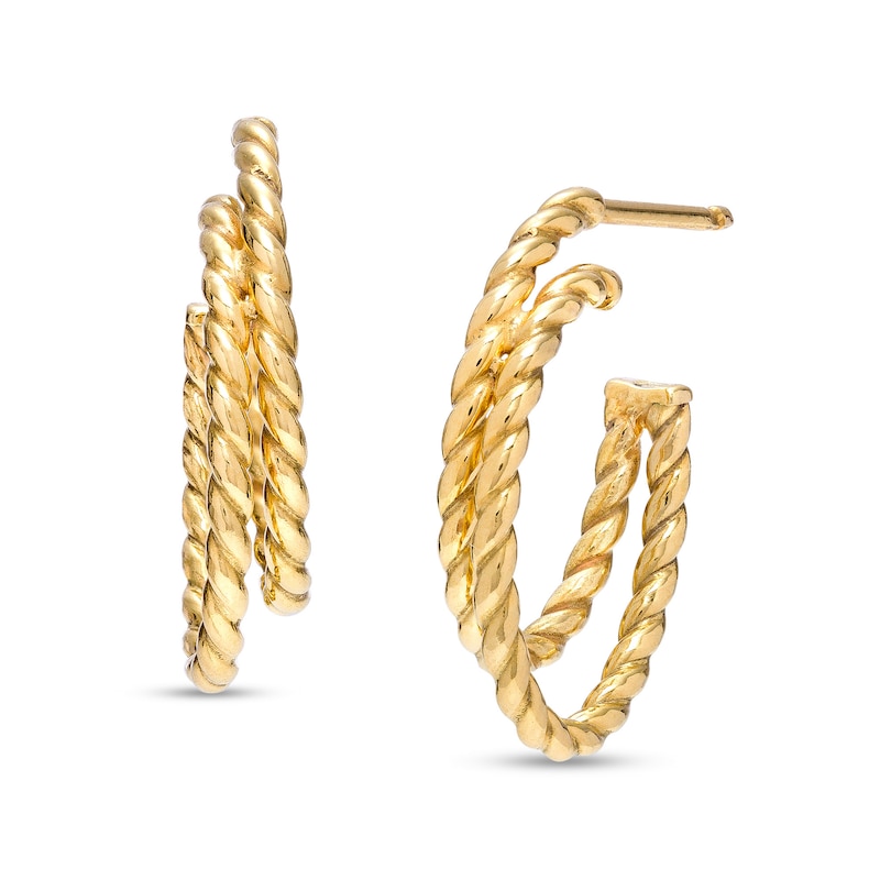 15.0 x 10.0mm Rope-Textured Double Row Oval J-Hoop Earrings in 14K Gold|Peoples Jewellers