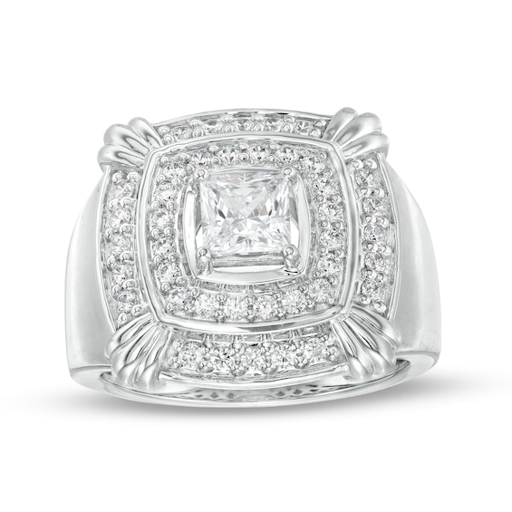 Men's 2.00 CT. T.W. Square-Cut Certified Lab-Created Diamond Double Row Cushion Claw Ring in 14K White Gold (F/SI2)