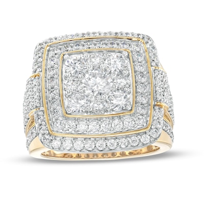 Men's 3.50 CT. T.W. Certified Lab-Created Multi-Diamond Raised Double Row Cushion Ring in 14K Gold (F/SI2)