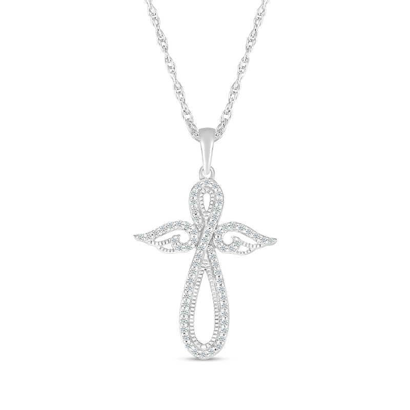0.23 CT. T.W. Diamond Angel Figure Cross Pendant in Sterling Silver