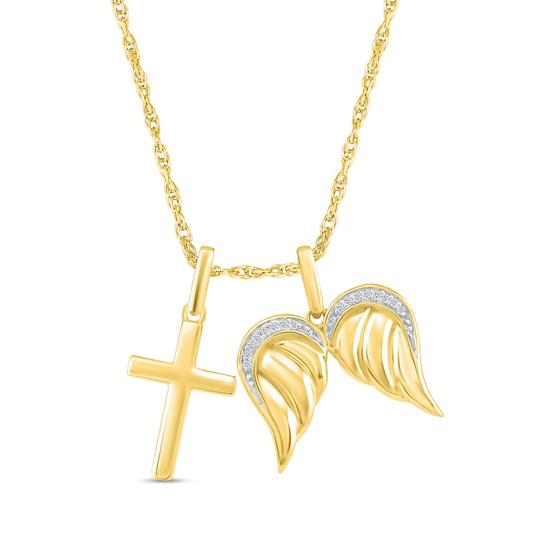 0.04 CT. T.W. Diamond Angel Wings and Cross Charm Pendant in Sterling Silver with 14K Gold Plate|Peoples Jewellers