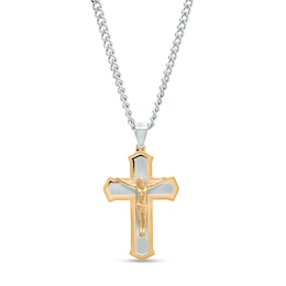 Men's Layered Gothic-Style Crucifix Pendant in Stainless Steel and Yellow Ion-Plate – 24&quot;