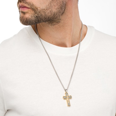 Men's Layered Gothic-Style Crucifix Pendant in Stainless Steel and Yellow Ion-Plate – 24"