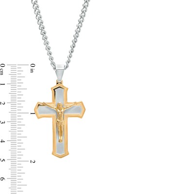 Men's Layered Gothic-Style Crucifix Pendant in Stainless Steel and Yellow Ion-Plate – 24"