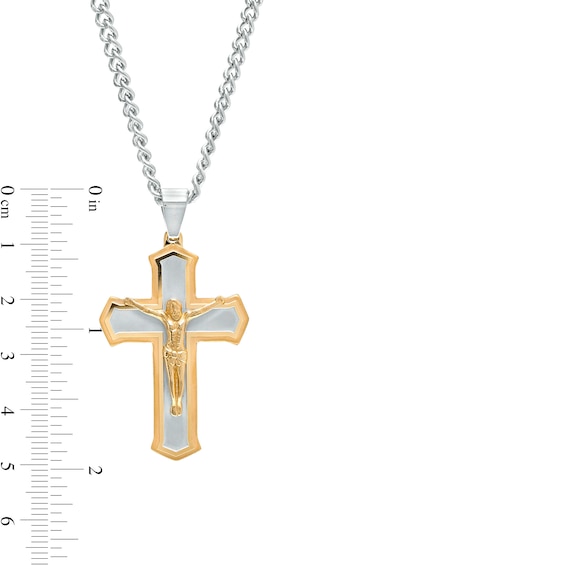 Men's Layered Gothic-Style Crucifix Pendant in Stainless Steel and Yellow Ion-Plate – 24"