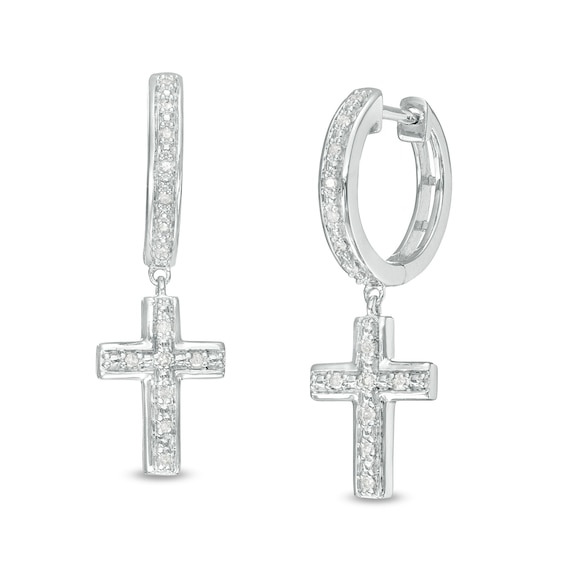 0.085 CT. T.W. Diamond Cross Dangle Huggie Hoop Earrings in Sterling Silver