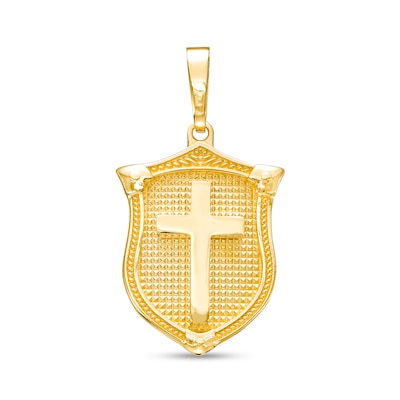 Men's Textured Shield with Cross Necklace Charm in 10K Gold