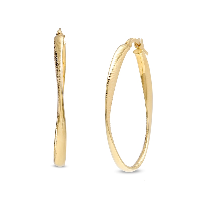 Italian Gold 40.0 x 22.5mm Diamond-Cut Twist Flat Tube Oval Hoop Earrings in 18K Gold|Peoples Jewellers