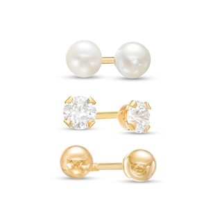 Child's 3.0mm Freshwater Cultured Pearl, Cubic Zirconia and Polished Ball Stud Earrings Set in 14K Gold