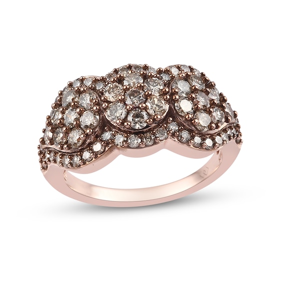 1.49 CT. T.W. Champagne Diamond Frame Flower Trio Ring in Sterling Silver with 18K Rose Gold Plate – Size 7