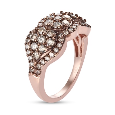 1.49 CT. T.W. Champagne Diamond Frame Flower Trio Ring in Sterling Silver with 18K Rose Gold Plate – Size 7