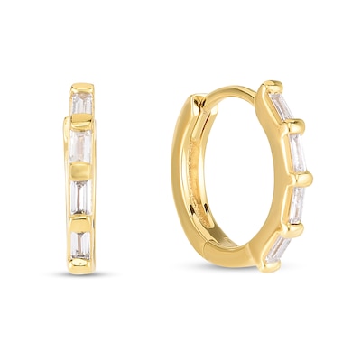 0.14 CT. T.W. Baguette Diamond Four Stone Hoop Earrings in Sterling Silver with 14K Gold Plate