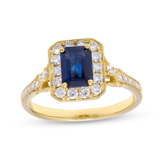 Emerald-Cut Blue Sapphire and 0.40 CT. T.W. Diamond Octagonal Frame Split Shank Buckle Ring in 10K Gold