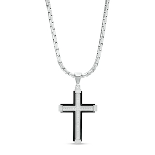 Men's 0.147 CT. T.W. Diamond Slope-Ends Layered Cross Pendant in Stainless Steel and Black Ion-Plate – 24"