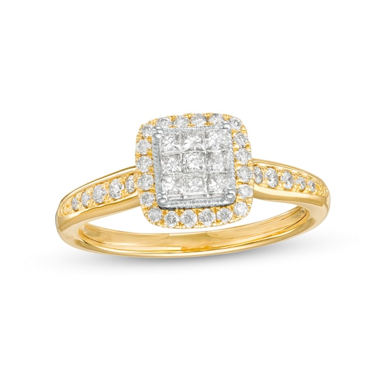 0.50 CT. T.W. Princess-Cut Multi-Diamond Cushion-Shaped Frame Vintage-Style Engagement Ring in 10K Gold