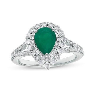 Pear-Shaped Emerald and 0.55 CT. T.W. Diamond Scallop Edge Double Frame Split Shank Ring in 14K White Gold