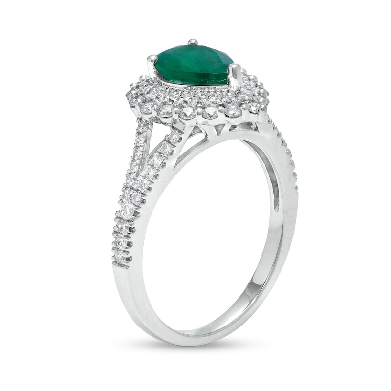 Pear-Shaped Emerald and 0.55 CT. T.W. Diamond Scallop Edge Double Frame Split Shank Ring in 14K White Gold|Peoples Jewellers