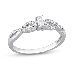 Emerald-Cut White Lab-Created Sapphire and 0.08 CT. T.W. Diamond Twist Split Shank Promise Ring in Sterling Silver