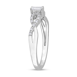 Emerald-Cut White Lab-Created Sapphire and 0.08 CT. T.W. Diamond Twist Split Shank Promise Ring in Sterling Silver