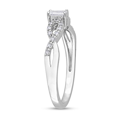 Emerald-Cut White Lab-Created Sapphire and 0.08 CT. T.W. Diamond Twist Split Shank Promise Ring in Sterling Silver