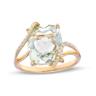 EFFY™ Collection Cushion-Cut Green Quartz and 0.09 CT. T.W. Diamond Swirl Ribbon Overlay Split Shank Ring in 14K Gold