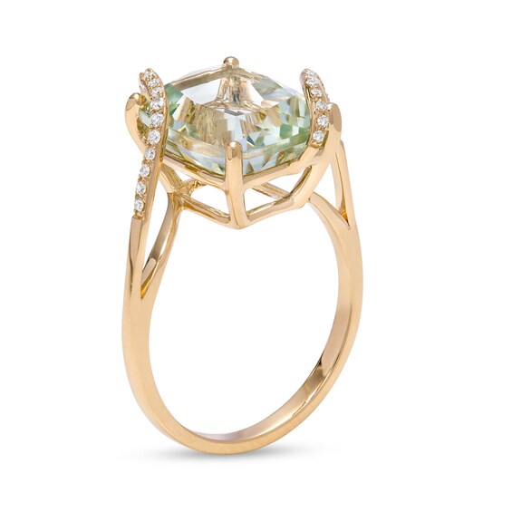 EFFY™ Collection Cushion-Cut Green Quartz and 0.09 CT. T.W. Diamond Swirl Ribbon Overlay Split Shank Ring in 14K Gold