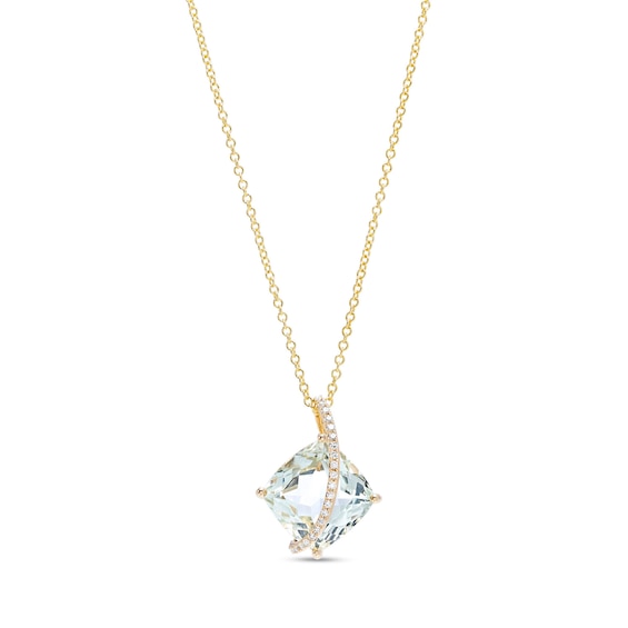 EFFY™ Collection 11.0mm Cushion-Cut Green Quartz and 0.07 CT. T.W. Diamond Swirl Ribbon Overlay Pendant in 14K Gold