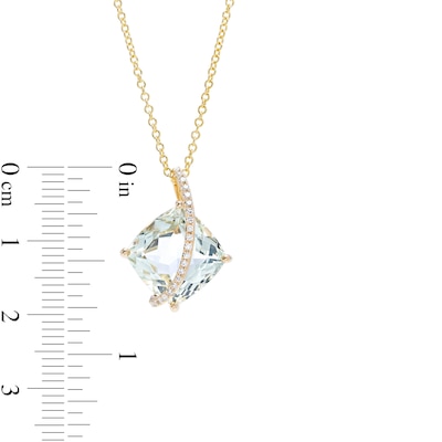 EFFY™ Collection 11.0mm Cushion-Cut Green Quartz and 0.07 CT. T.W. Diamond Swirl Ribbon Overlay Pendant in 14K Gold