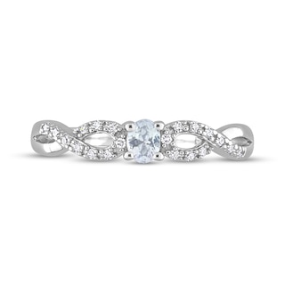 Oval White Lab-Created Sapphire and 0.08 CT. T.W. Diamond Twist Split Shank Promise Ring in Sterling Silver