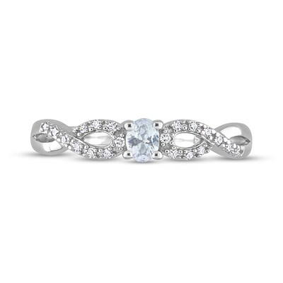 Oval White Lab-Created Sapphire and 0.08 CT. T.W. Diamond Twist Split Shank Promise Ring in Sterling Silver